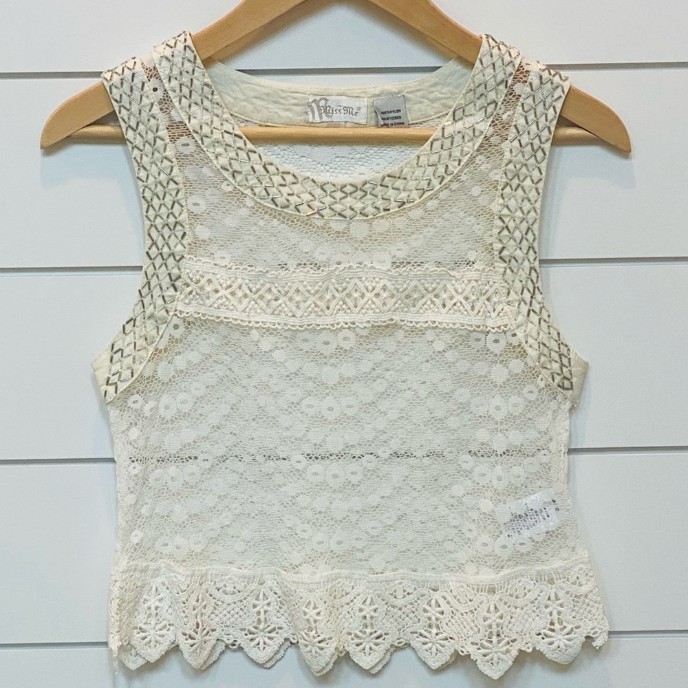 Miss Me Lace Embellished Ivory Sheer Unlined Sleeveless Top Small